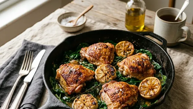 Chicken thighs and lemon halves in a cast-iron skillet on a linen-covered table