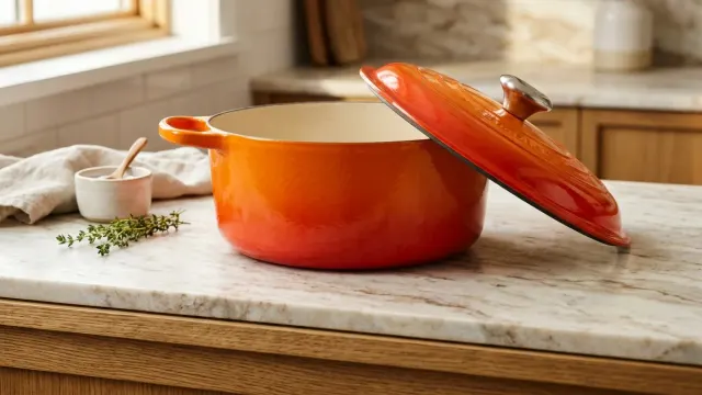 An orange enameled Dutch oven with its lid ajar on a marble counter