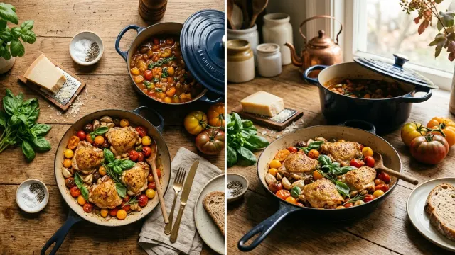 A Dutch oven and a skillet of chicken with tomatoes on a kitchen table